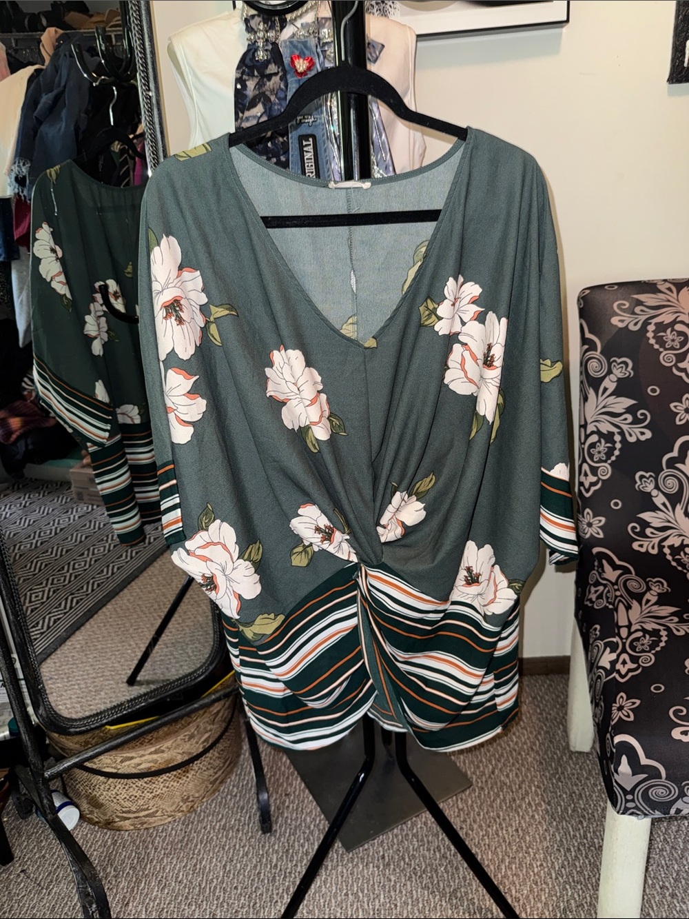 ODDY Olive Green Floral Twist-Front Tunic with Stripe Hem